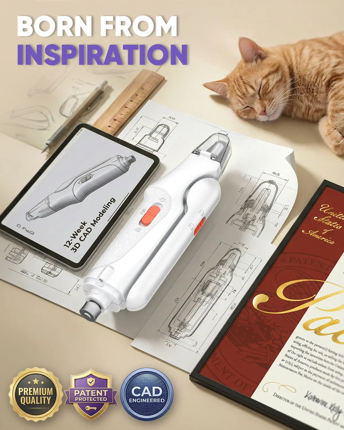 Catpick 2-in-1 Rechargeable Pet Grooming Paw Trimmer and Nail File Set with LED Light and Low-Noise Motor for Safe Claw Trimming in Dogs and Cats of All Sizes