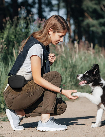 Dog Treat Pouch with Training Clicker and Enhanced Magnetic Closure, 1.67 Cup Silicone Fanny Pack with Waist Belt for Pet Training and Walking (Black)