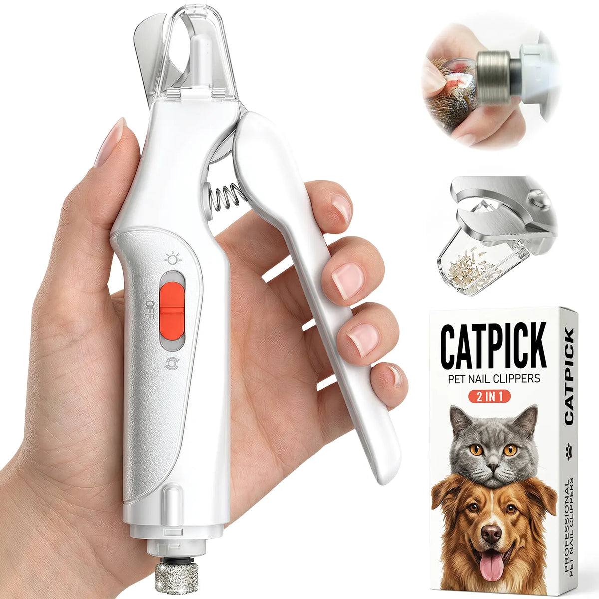 Catpick 2-in-1 Rechargeable Pet Grooming Paw Trimmer and Nail File Set with LED Light and Low-Noise Motor for Safe Claw Trimming in Dogs and Cats of All Sizes