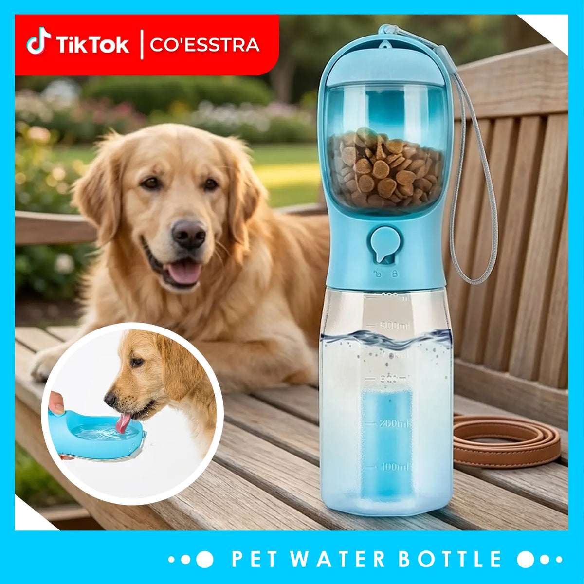 3-in-1 BPA-Free Pet Water Bottle - 20 oz Spill-Proof Design with Built-In Filtration, Food Storage, and Poop Bag Holder for Convenient Travel and Hiking Use