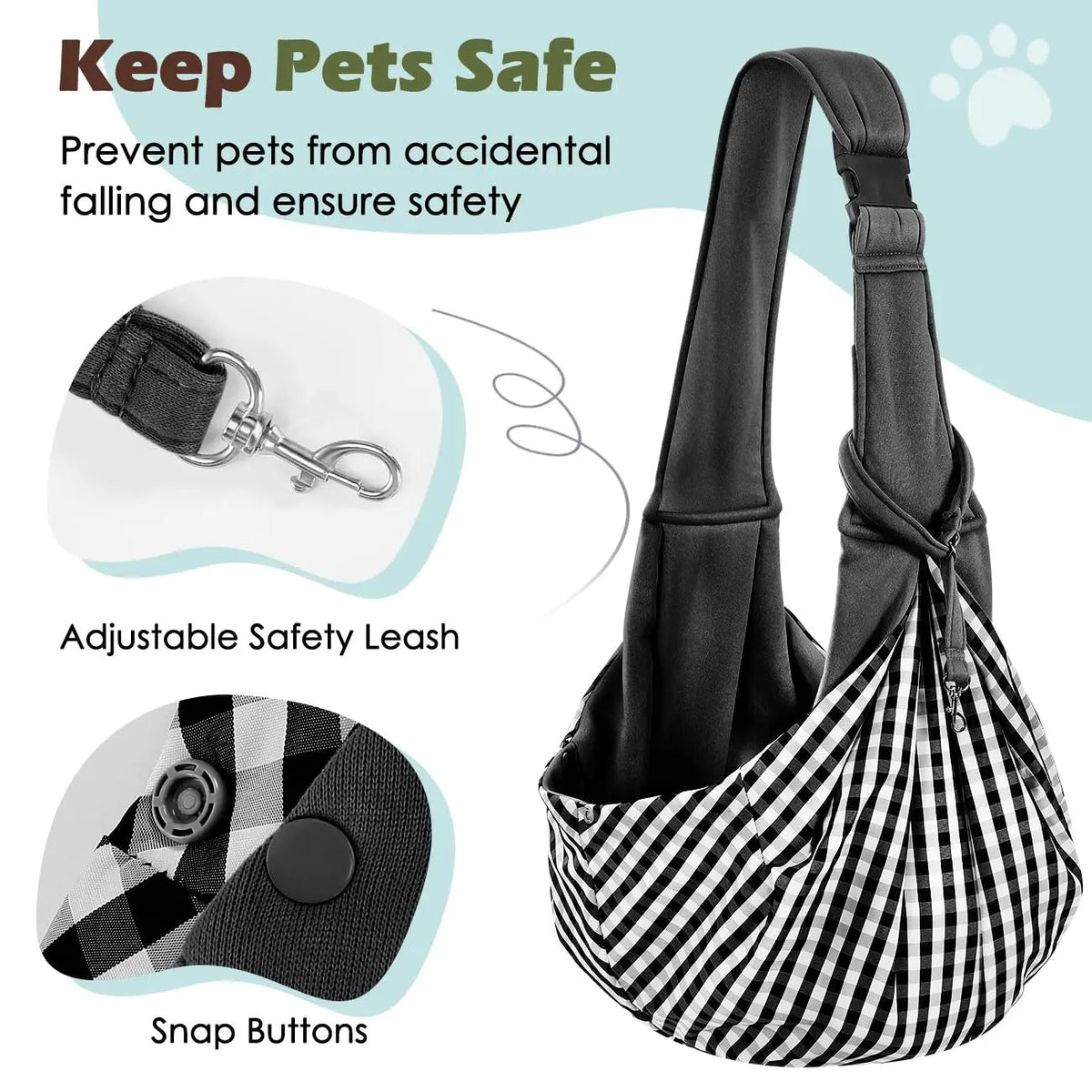 Pawaboo Pet Carrier Sling - Adjustable Padded Shoulder Strap for Small Dogs and Cats, Includes Front Zipper Pocket and Safety Belt, Machine Washable Design