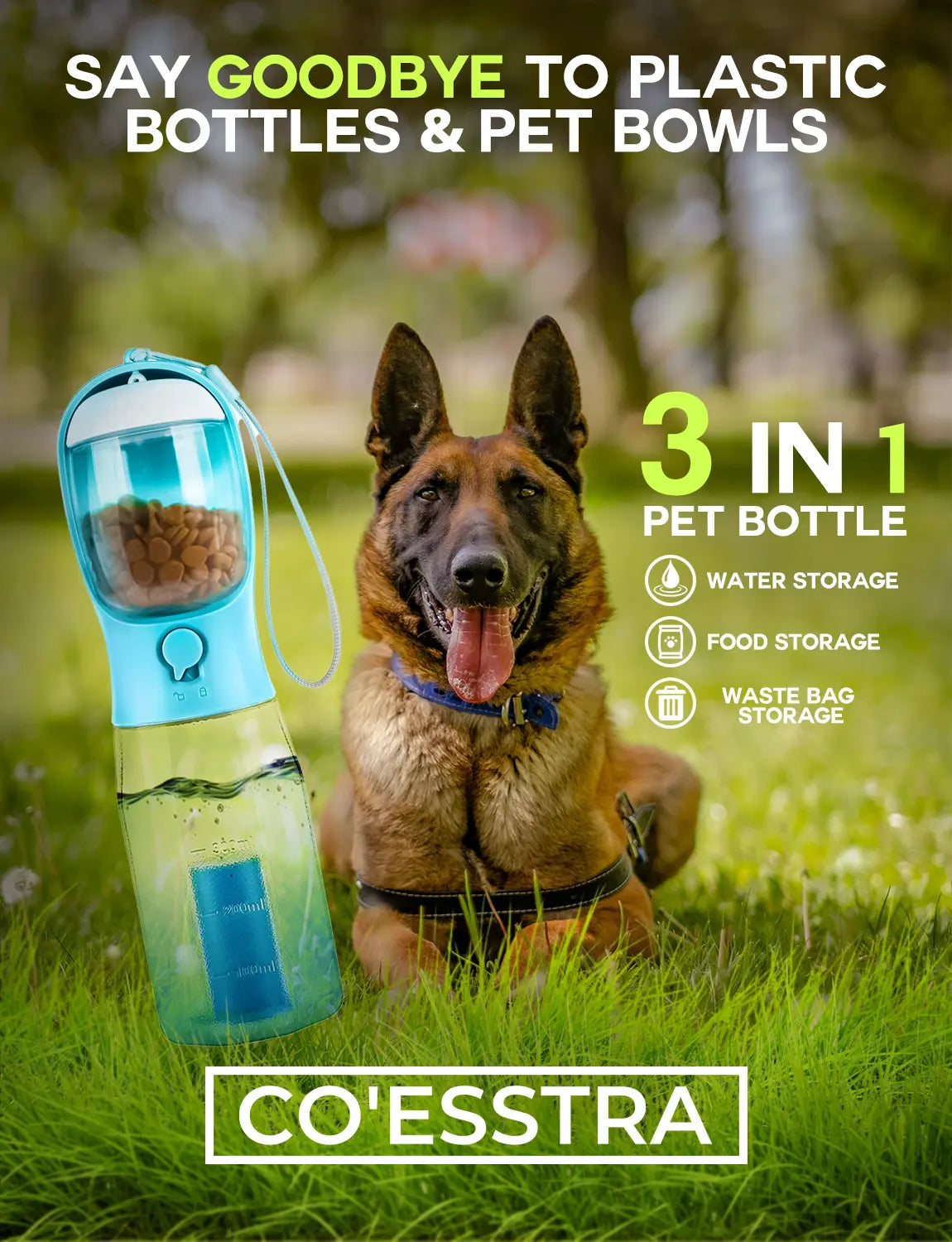 3-in-1 BPA-Free Pet Water Bottle - 20 oz Spill-Proof Design with Built-In Filtration, Food Storage, and Poop Bag Holder for Convenient Travel and Hiking Use