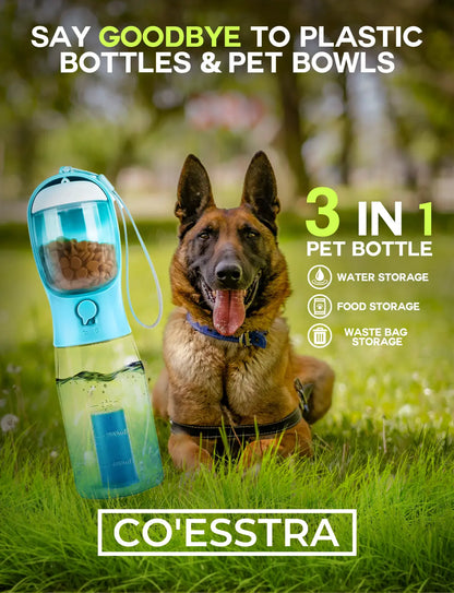 3-in-1 BPA-Free Pet Water Bottle - 20 oz Spill-Proof Design with Built-In Filtration, Food Storage, and Poop Bag Holder for Convenient Travel and Hiking Use
