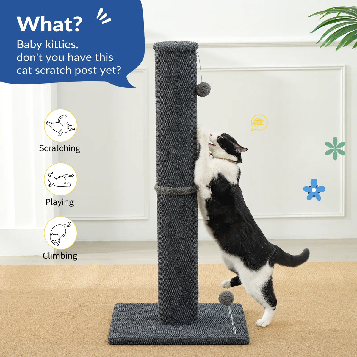 Made4Pets Indoor Cat Sisal Scratching Post - 41.73" Height, Sturdy Base, Replaceable Spring Toy, Compact Design for Nail Health