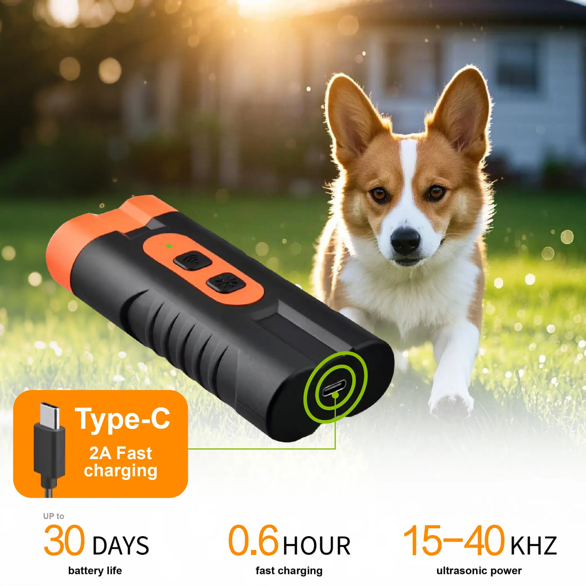 Humane Ultrasonic Dog Barking Deterrent and Training Device - USB Rechargeable, Dual Emitters, 50 Ft Range, 25 kHz Frequency, Integrated Flashlight, Portable Design, Accessory Kit Included, 2-in-1 Sound-Based Training for Indoor and Outdoor Use