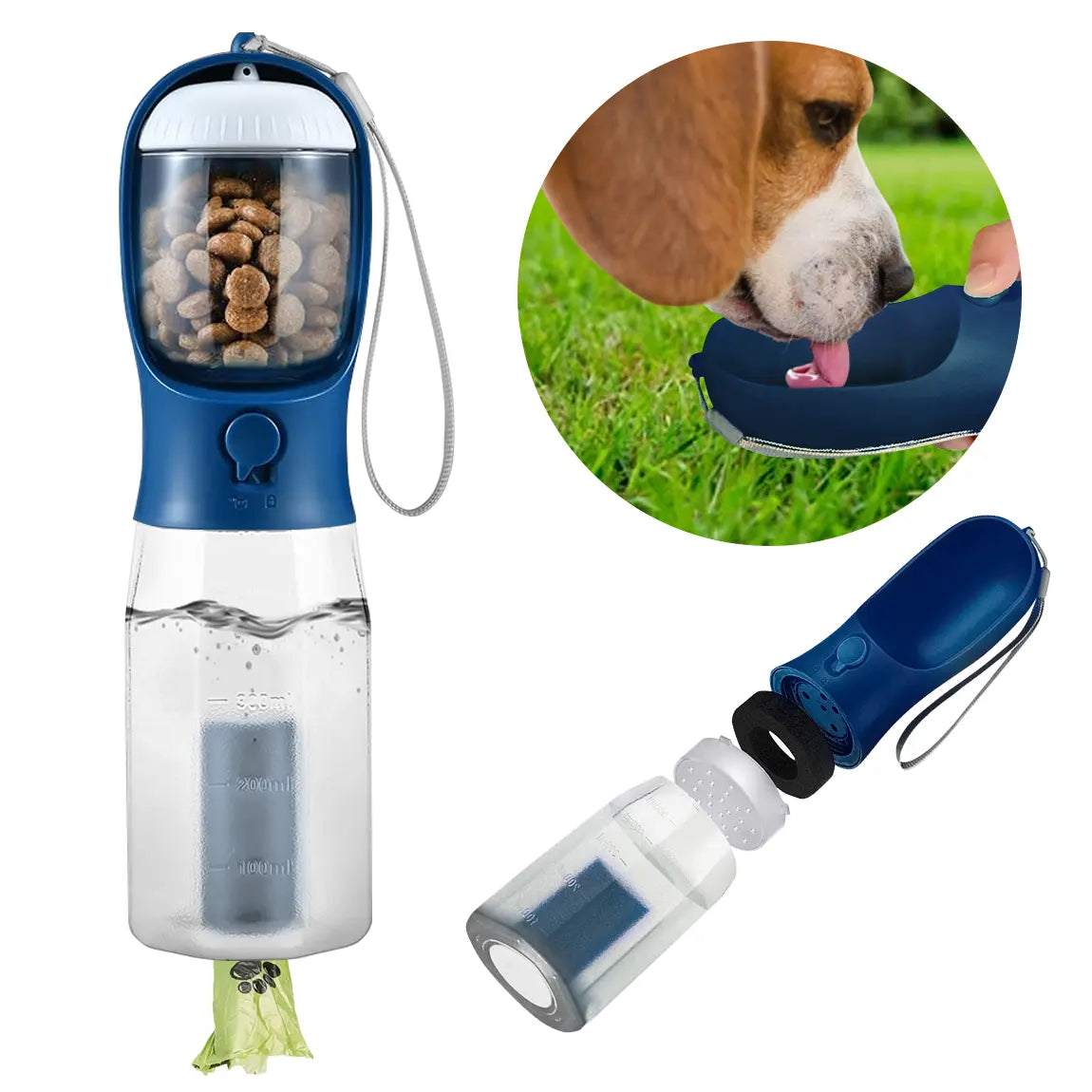 3-in-1 BPA-Free Pet Water Bottle - 20 oz Spill-Proof Design with Built-In Filtration, Food Storage, and Poop Bag Holder for Convenient Travel and Hiking Use