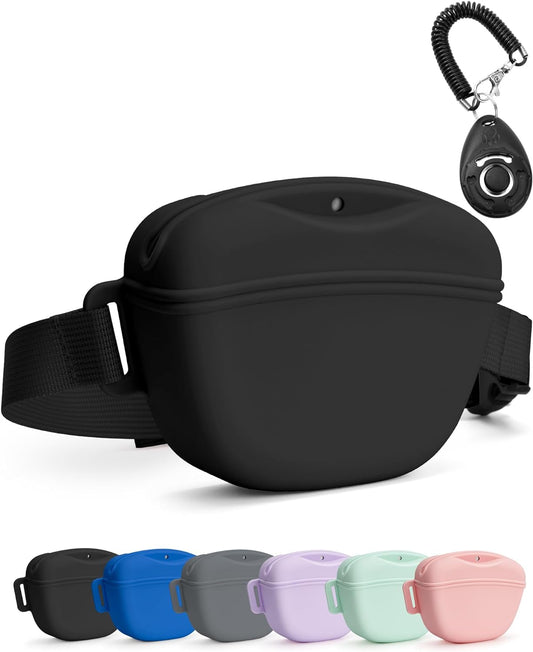 Dog Treat Pouch with Training Clicker and Enhanced Magnetic Closure, 1.67 Cup Silicone Fanny Pack with Waist Belt for Pet Training and Walking (Black)