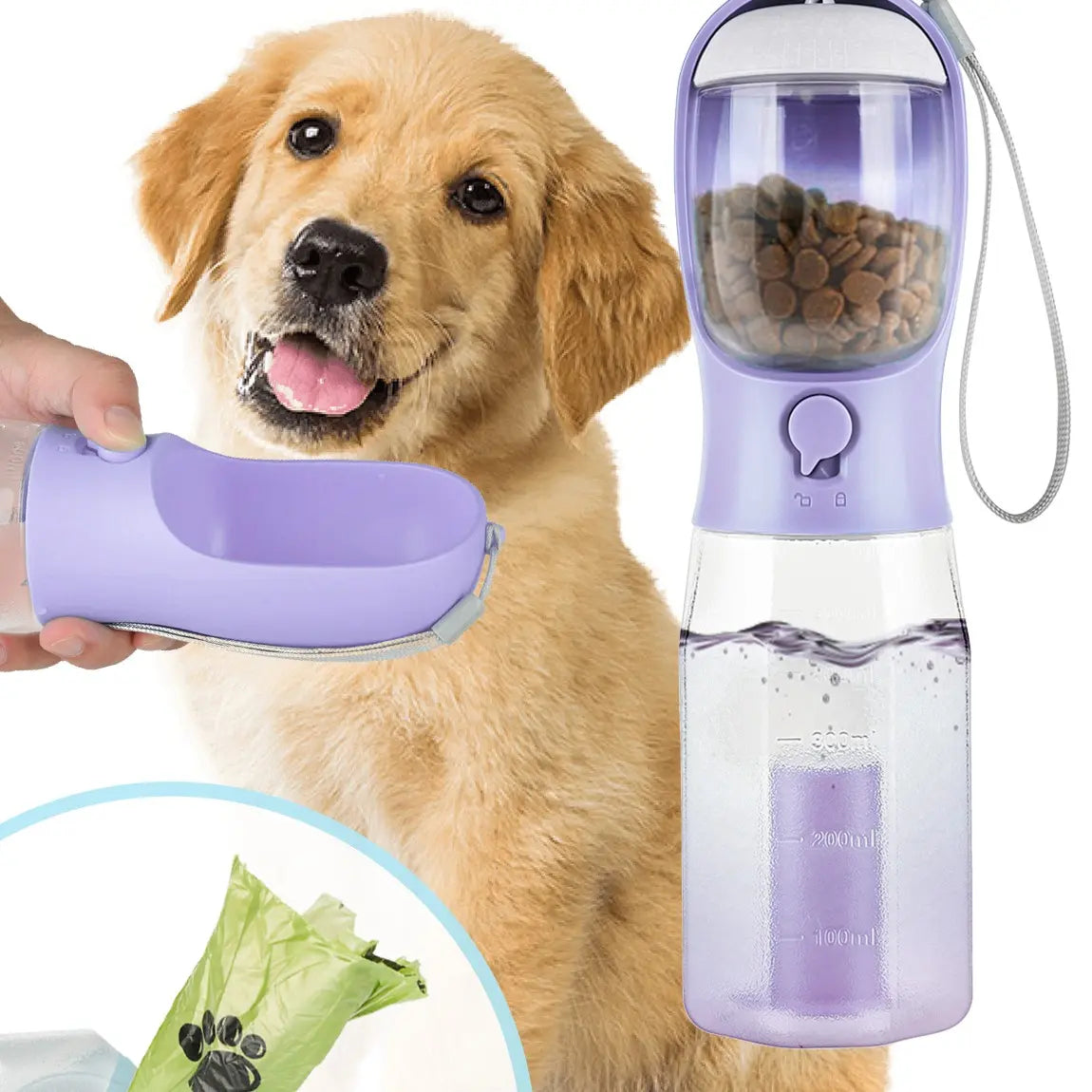 3-in-1 BPA-Free Pet Water Bottle - 20 oz Spill-Proof Design with Built-In Filtration, Food Storage, and Poop Bag Holder for Convenient Travel and Hiking Use