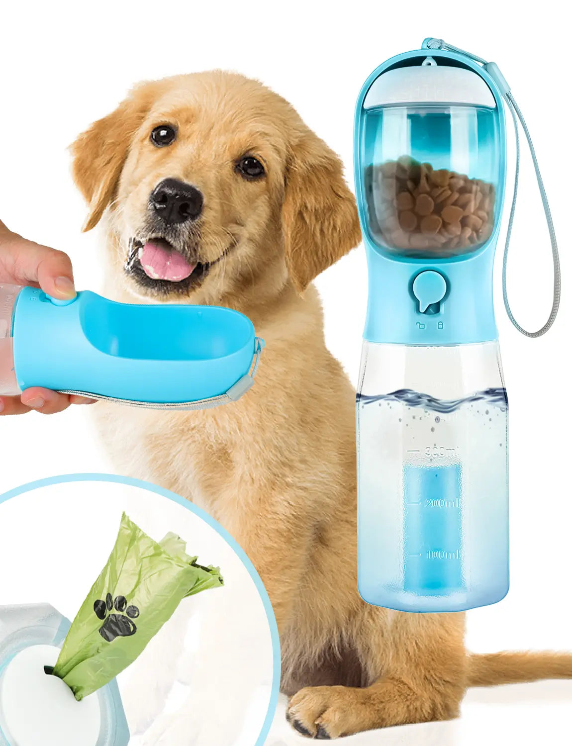 3-in-1 BPA-Free Pet Water Bottle - 20 oz Spill-Proof Design with Built-In Filtration, Food Storage, and Poop Bag Holder for Convenient Travel and Hiking Use