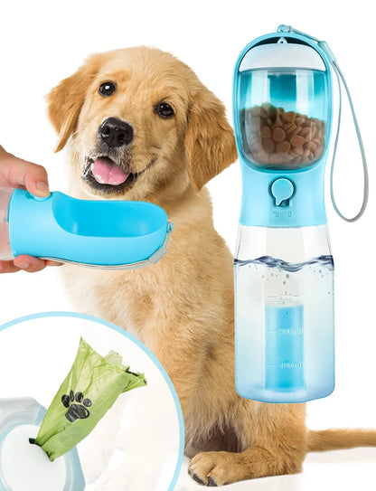 3-in-1 BPA-Free Pet Water Bottle - 20 oz Spill-Proof Design with Built-In Filtration, Food Storage, and Poop Bag Holder for Convenient Travel and Hiking Use