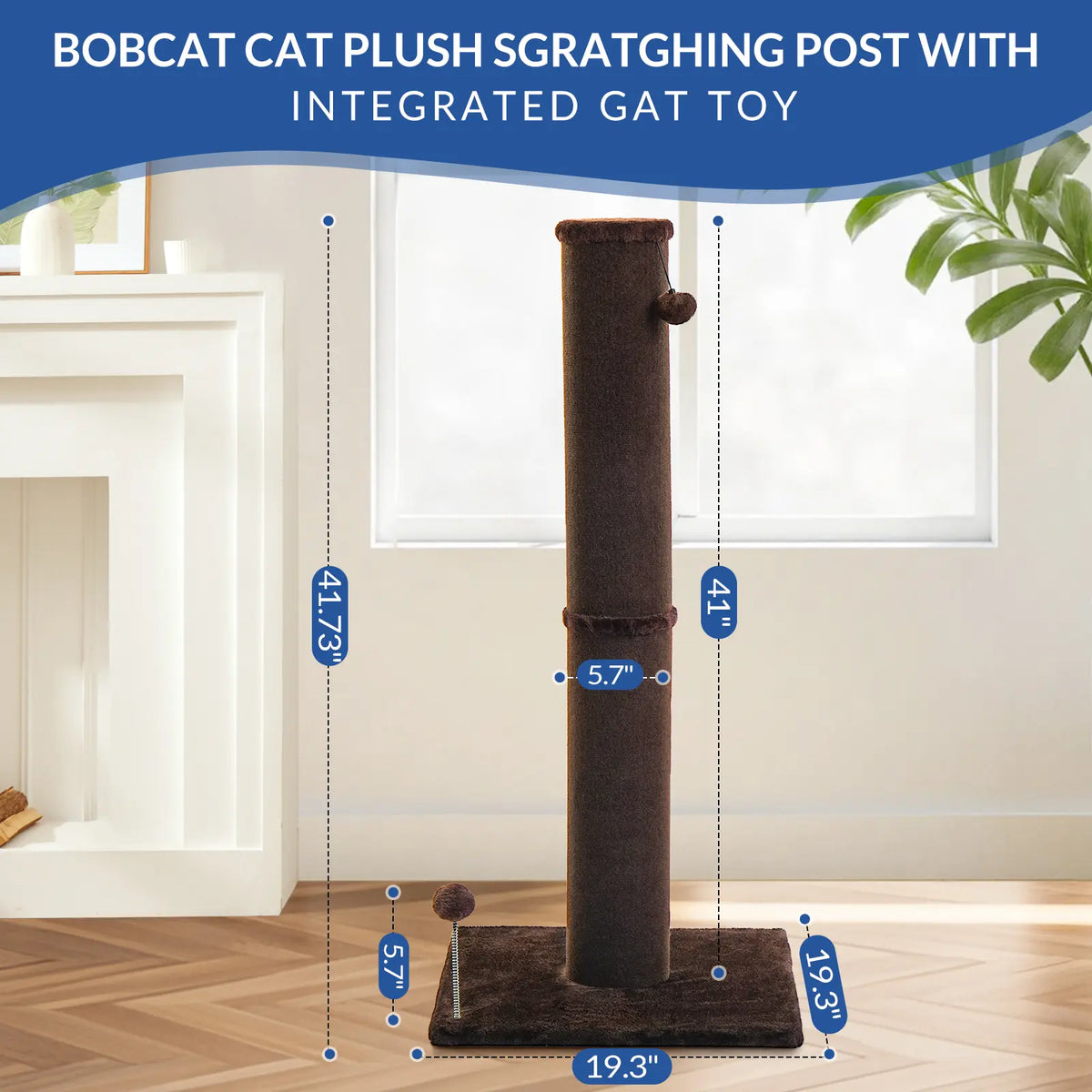Made4Pets Indoor Cat Sisal Scratching Post - 41.73" Height, Sturdy Base, Replaceable Spring Toy, Compact Design for Nail Health