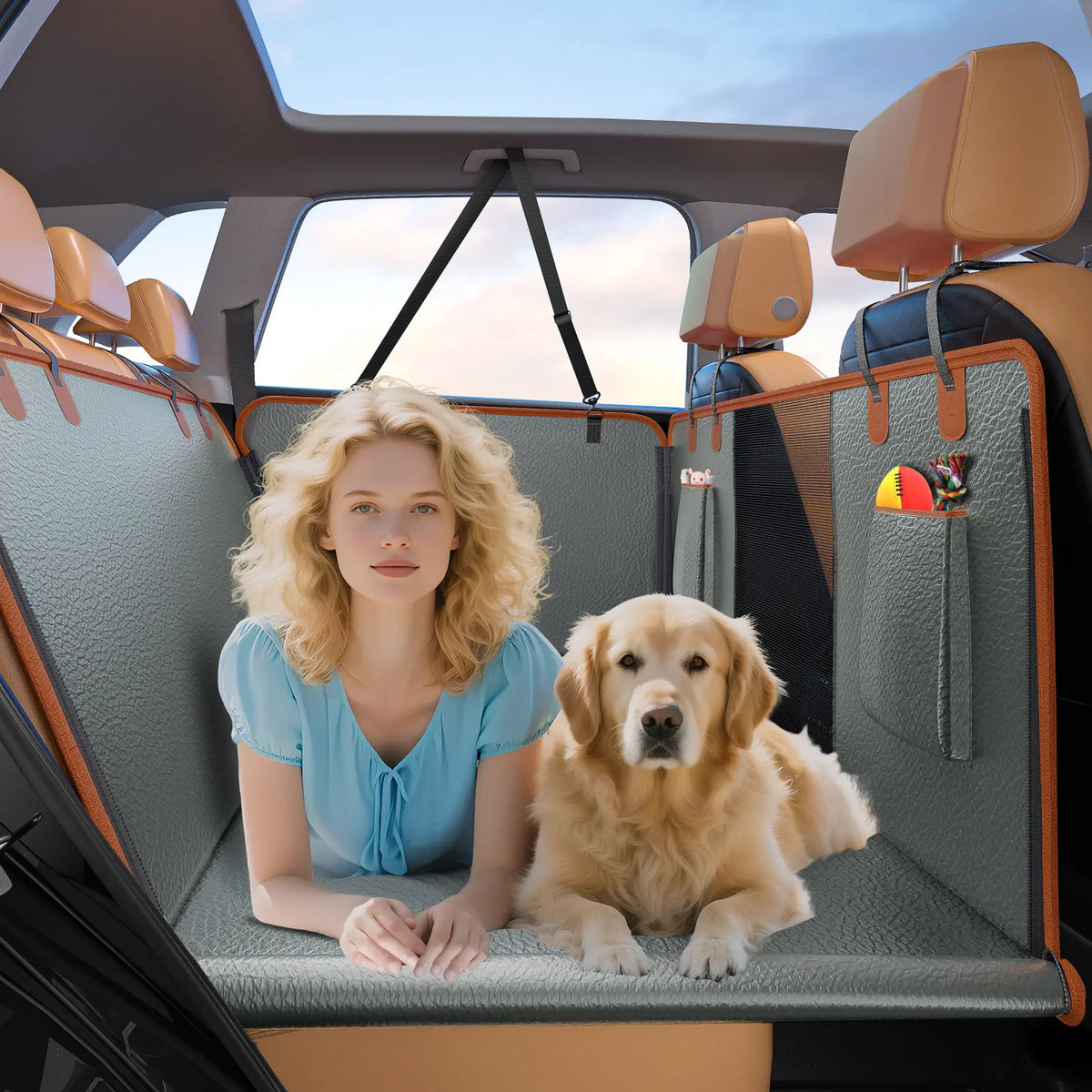 MIXJOY Waterproof Hard Bottom Dog Car Seat Cover and Folding Bed for Travel, Supports Pets up to 400 lbs