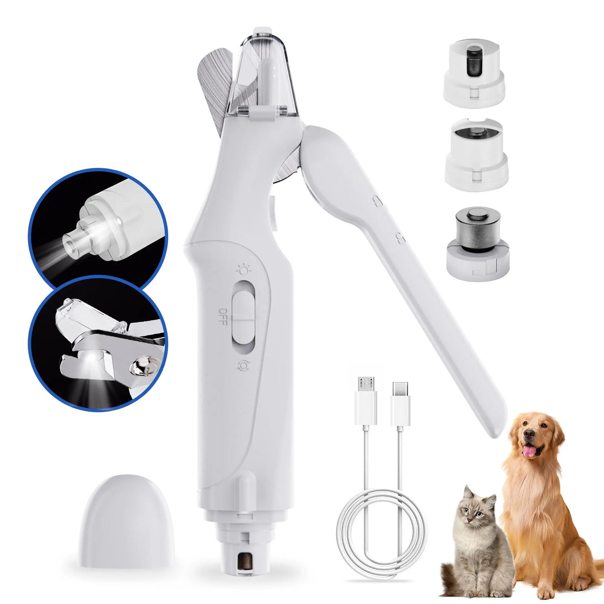 Catpick 2-in-1 Rechargeable Pet Grooming Paw Trimmer and Nail File Set with LED Light and Low-Noise Motor for Safe Claw Trimming in Dogs and Cats of All Sizes