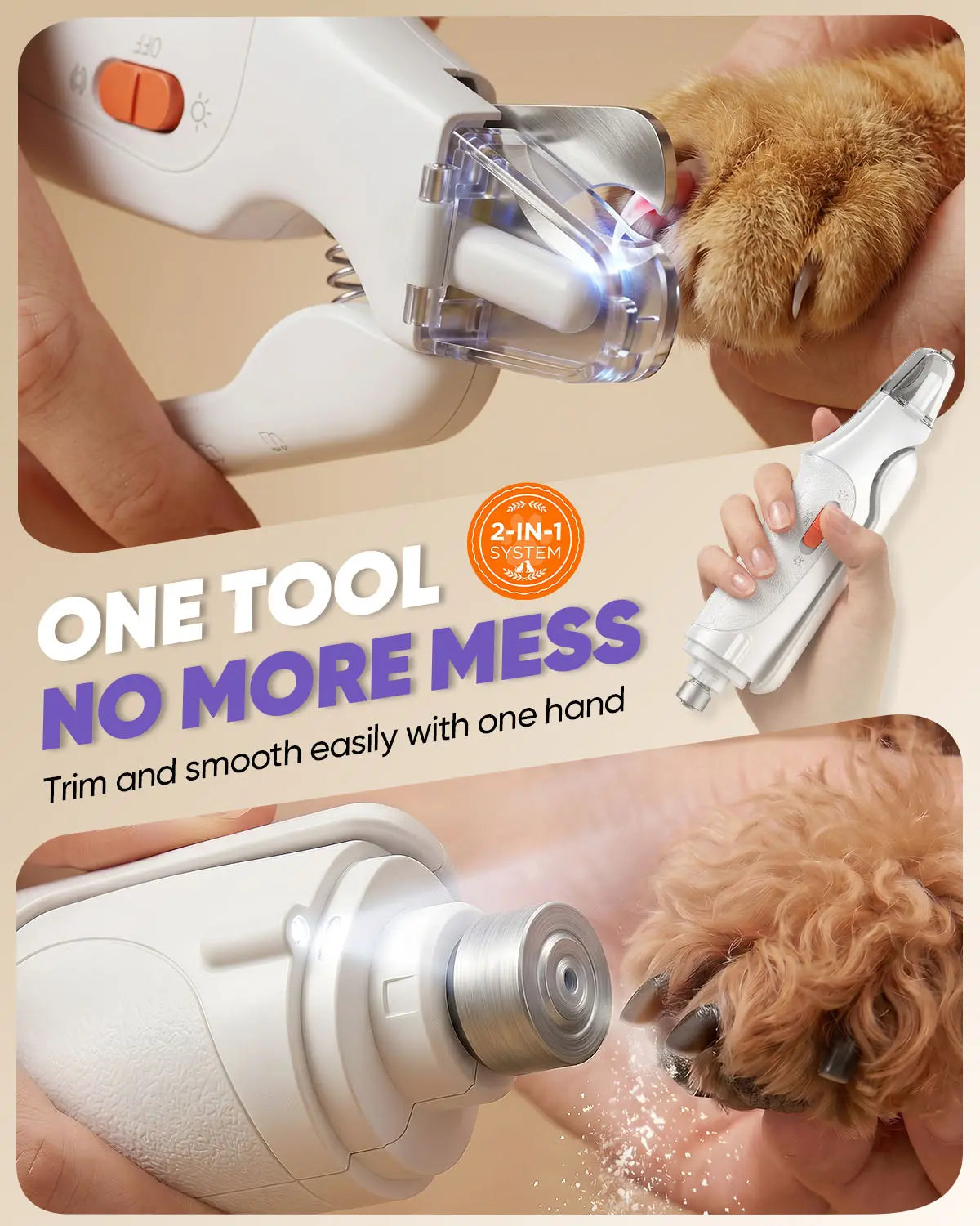 Catpick 2-in-1 Rechargeable Pet Grooming Paw Trimmer and Nail File Set with LED Light and Low-Noise Motor for Safe Claw Trimming in Dogs and Cats of All Sizes