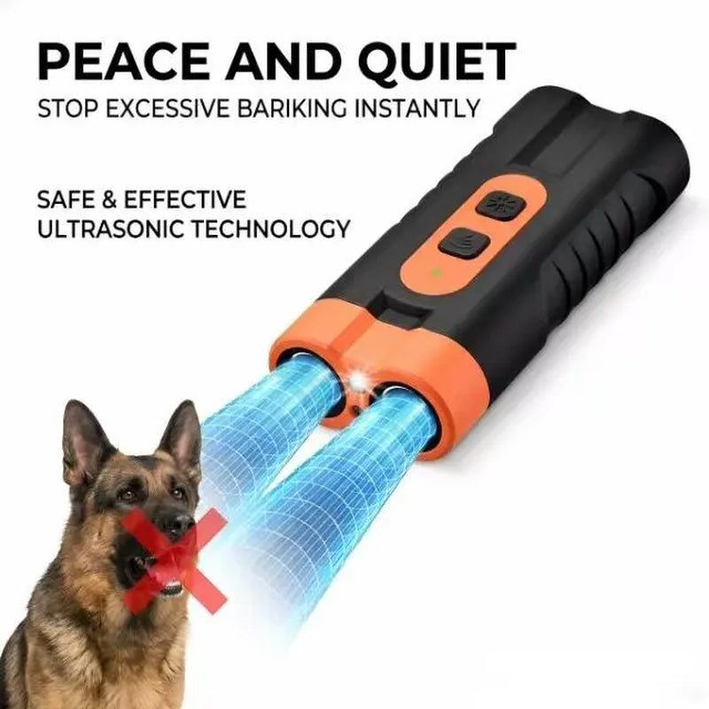Humane Ultrasonic Dog Barking Deterrent and Training Device - USB Rechargeable, Dual Emitters, 50 Ft Range, 25 kHz Frequency, Integrated Flashlight, Portable Design, Accessory Kit Included, 2-in-1 Sound-Based Training for Indoor and Outdoor Use