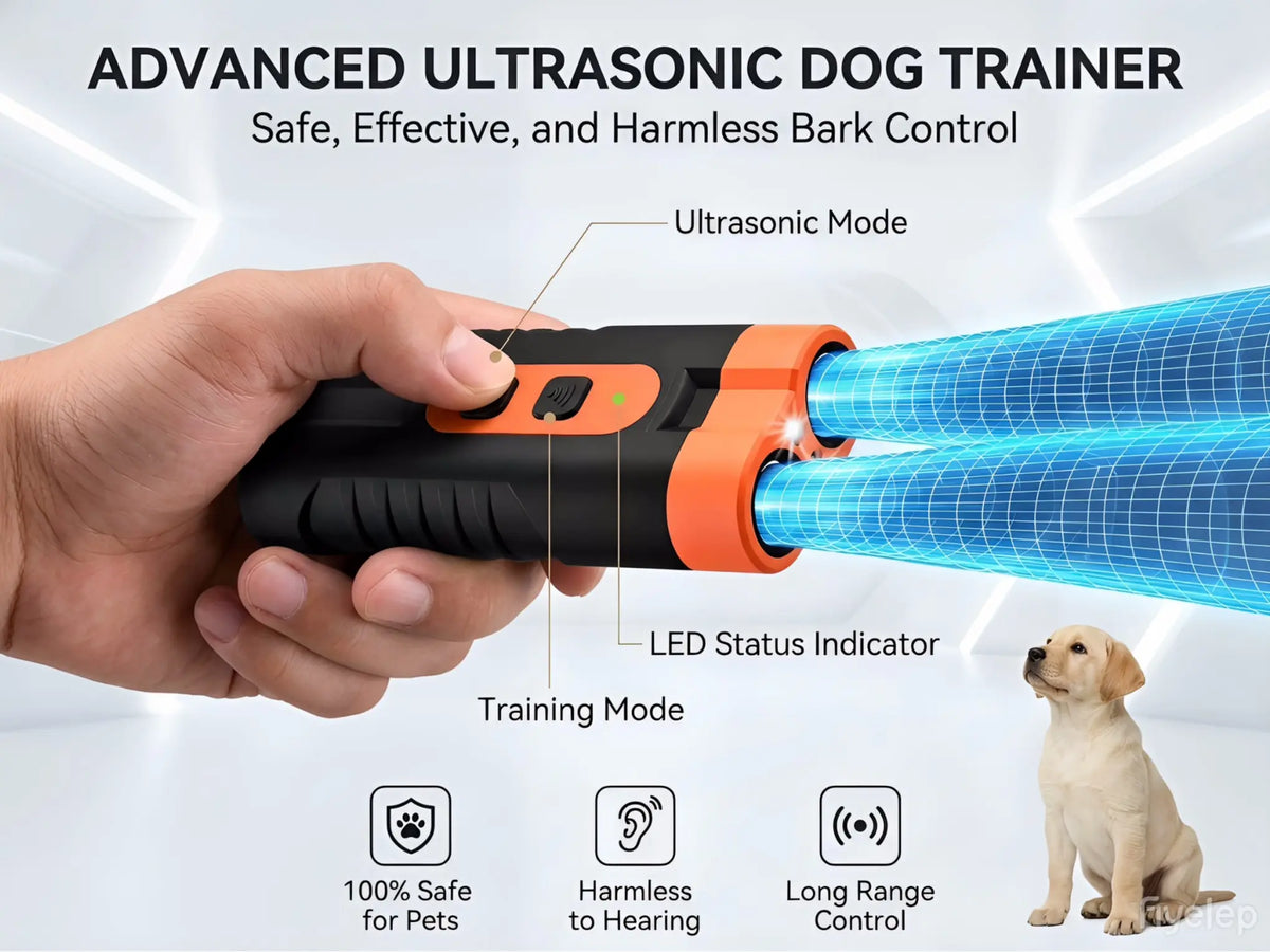 Humane Ultrasonic Dog Barking Deterrent and Training Device - USB Rechargeable, Dual Emitters, 50 Ft Range, 25 kHz Frequency, Integrated Flashlight, Portable Design, Accessory Kit Included, 2-in-1 Sound-Based Training for Indoor and Outdoor Use