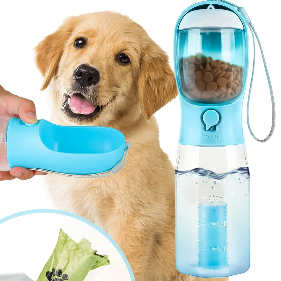 3-in-1 BPA-Free Pet Water Bottle - 20 oz Spill-Proof Design with Built-In Filtration, Food Storage, and Poop Bag Holder for Convenient Travel and Hiking Use
