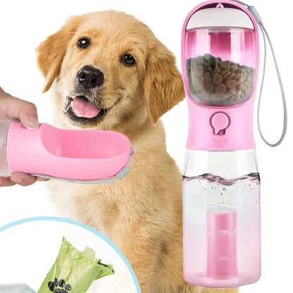 3-in-1 BPA-Free Pet Water Bottle - 20 oz Spill-Proof Design with Built-In Filtration, Food Storage, and Poop Bag Holder for Convenient Travel and Hiking Use