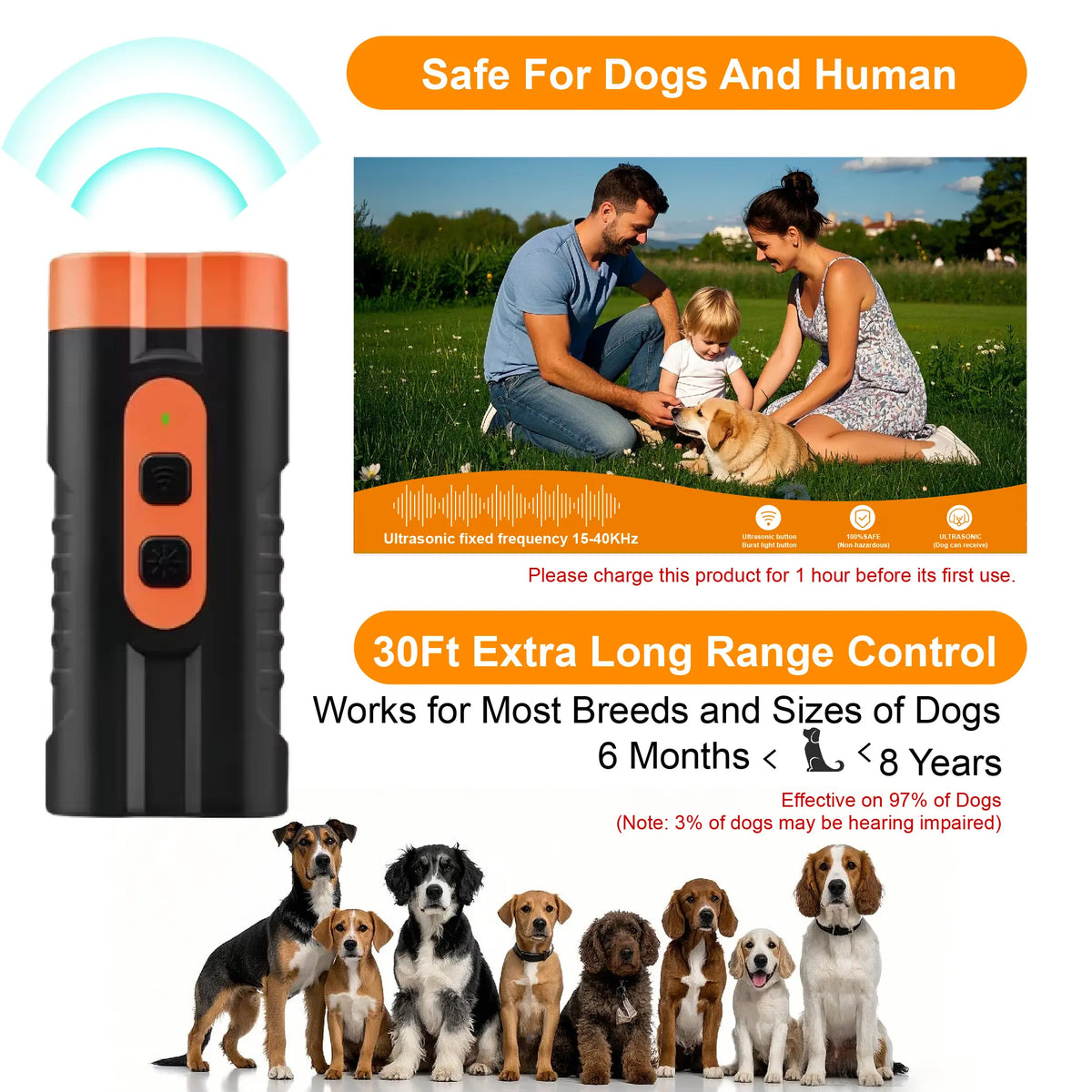 Humane Ultrasonic Dog Barking Deterrent and Training Device - USB Rechargeable, Dual Emitters, 50 Ft Range, 25 kHz Frequency, Integrated Flashlight, Portable Design, Accessory Kit Included, 2-in-1 Sound-Based Training for Indoor and Outdoor Use