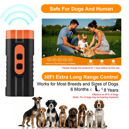 Humane Ultrasonic Dog Barking Deterrent and Training Device - USB Rechargeable, Dual Emitters, 50 Ft Range, 25 kHz Frequency, Integrated Flashlight, Portable Design, Accessory Kit Included, 2-in-1 Sound-Based Training for Indoor and Outdoor Use