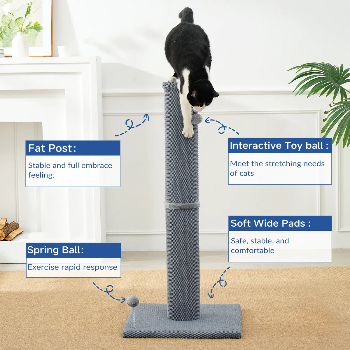 Made4Pets Indoor Cat Sisal Scratching Post - 41.73" Height, Sturdy Base, Replaceable Spring Toy, Compact Design for Nail Health
