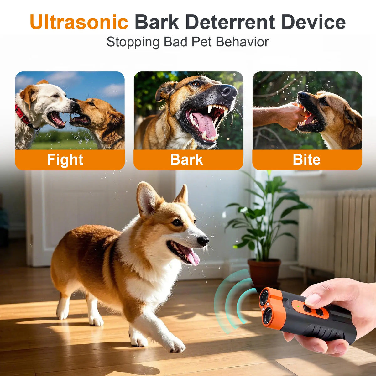 Humane Ultrasonic Dog Barking Deterrent and Training Device - USB Rechargeable, Dual Emitters, 50 Ft Range, 25 kHz Frequency, Integrated Flashlight, Portable Design, Accessory Kit Included, 2-in-1 Sound-Based Training for Indoor and Outdoor Use