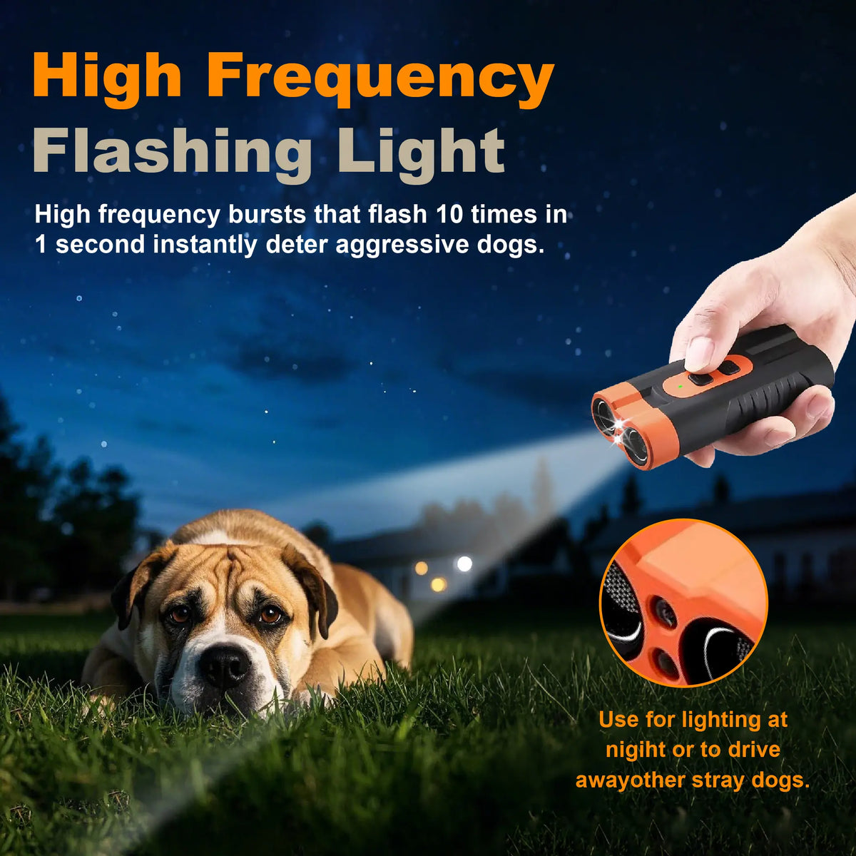 Humane Ultrasonic Dog Barking Deterrent and Training Device - USB Rechargeable, Dual Emitters, 50 Ft Range, 25 kHz Frequency, Integrated Flashlight, Portable Design, Accessory Kit Included, 2-in-1 Sound-Based Training for Indoor and Outdoor Use