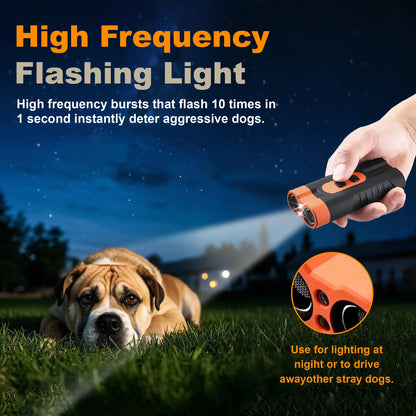 Humane Ultrasonic Dog Barking Deterrent and Training Device - USB Rechargeable, Dual Emitters, 50 Ft Range, 25 kHz Frequency, Integrated Flashlight, Portable Design, Accessory Kit Included, 2-in-1 Sound-Based Training for Indoor and Outdoor Use