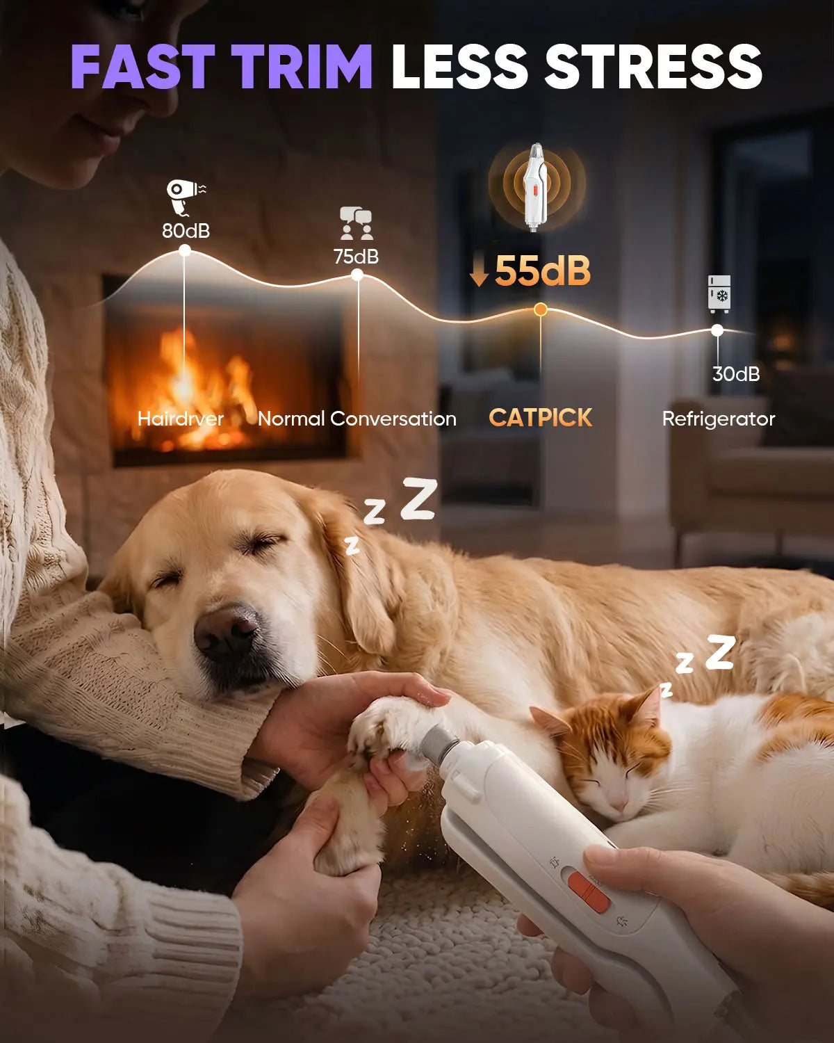 Catpick 2-in-1 Rechargeable Pet Grooming Paw Trimmer and Nail File Set with LED Light and Low-Noise Motor for Safe Claw Trimming in Dogs and Cats of All Sizes