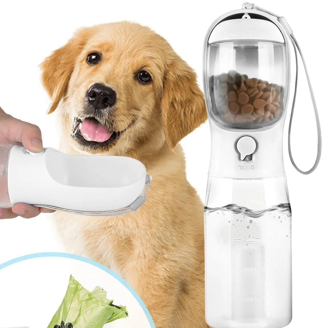 3-in-1 BPA-Free Pet Water Bottle - 20 oz Spill-Proof Design with Built-In Filtration, Food Storage, and Poop Bag Holder for Convenient Travel and Hiking Use
